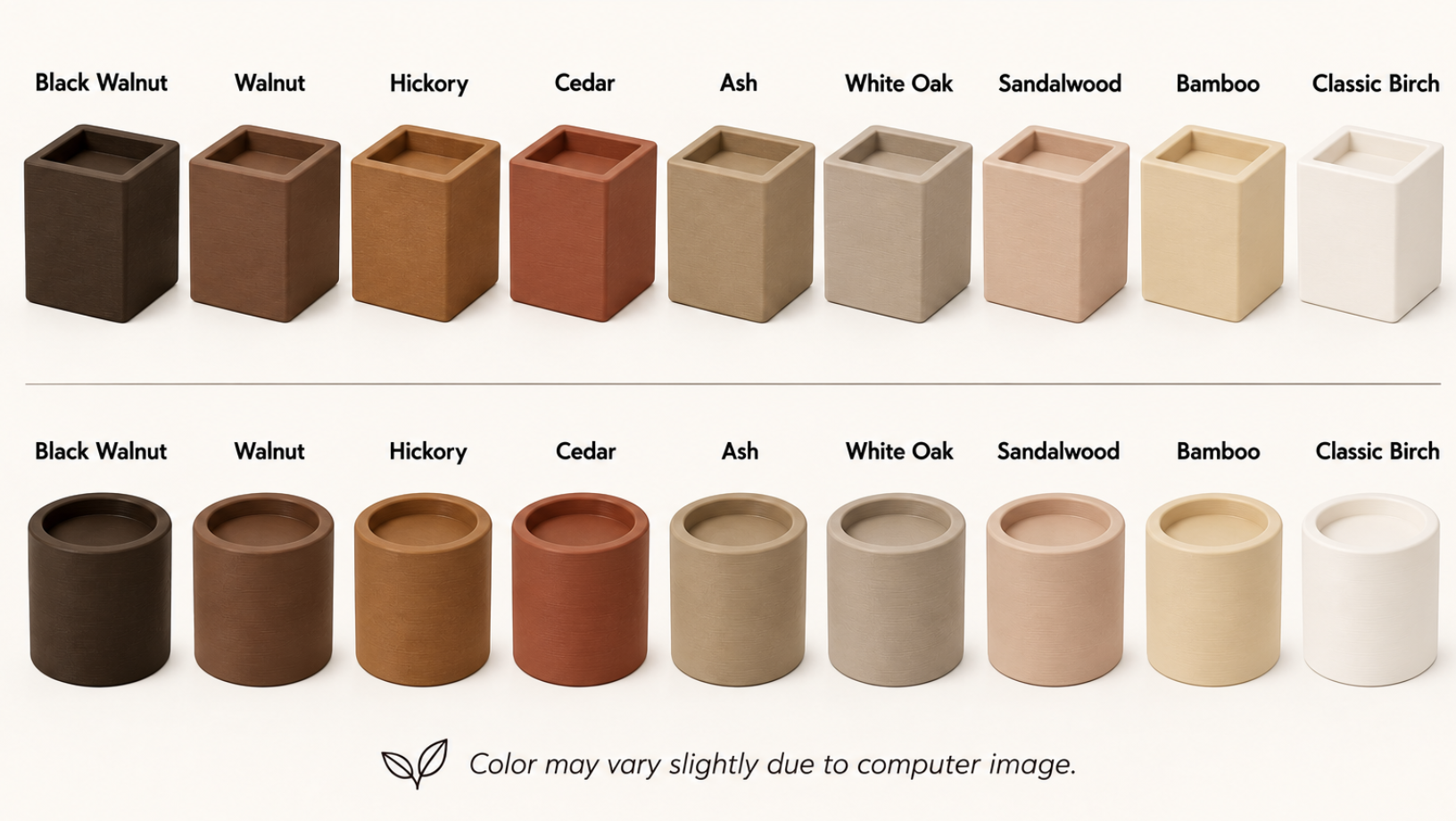All nine riser wood colors in square and round shapes: Black Walnut, Walnut, Hickory, Cedar, Ash, White Oak, Sandalwood, Bamboo and Classic Birch