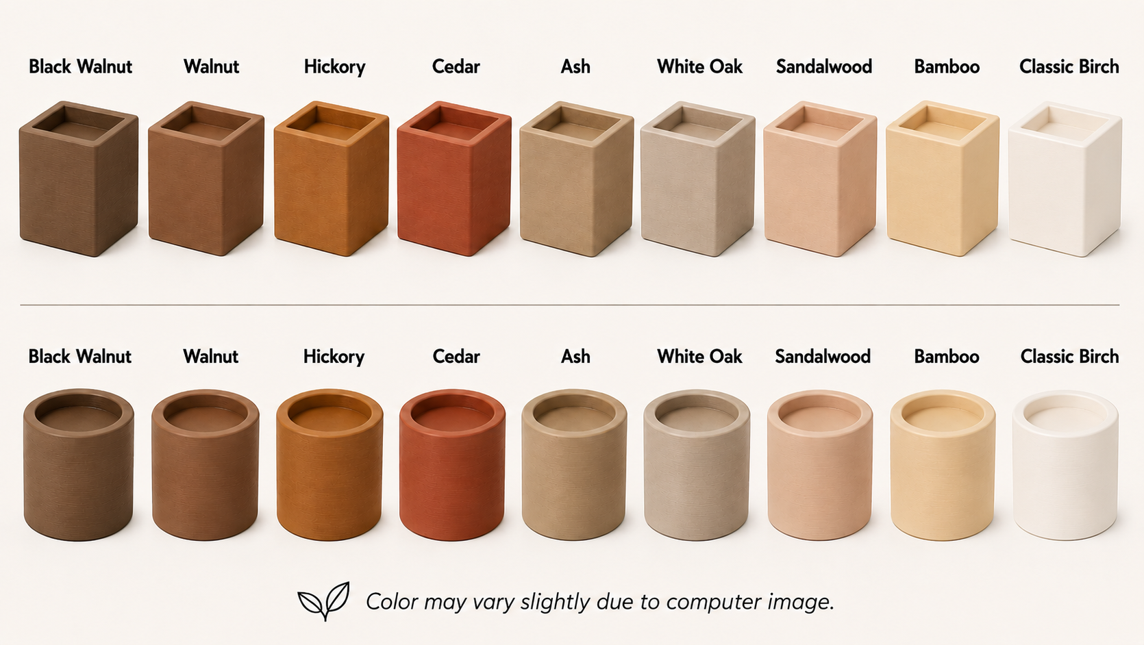 Custom-made furniture risers shown in all nine wood-tone finishes in square and round shapes: Black Walnut, Walnut, Hickory, Cedar, Ash, White Oak, Sandalwood, Bamboo and Classic Birch